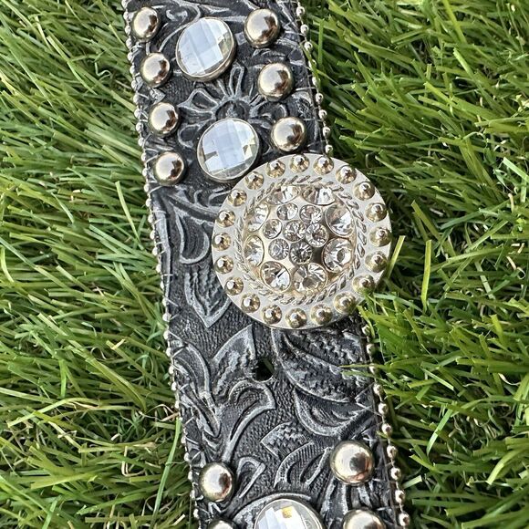 Blazin Roxx Bling Black Leather Belt Large Buckle Rhinestones Womans Size Large - Picture 4 of 11